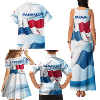 Panama Waving Flag Design Family Matching Tank Maxi Dress and Hawaiian Shirt with Red Blue Stars and National Color Pattern - Wonder Print Shop