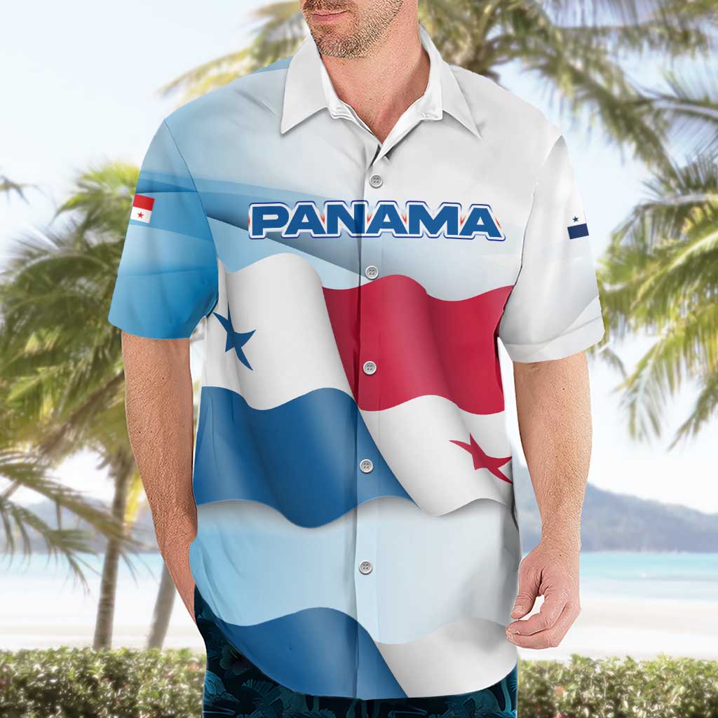Panama Waving Flag Design Hawaiian Shirt with Red Blue Stars and National Color Pattern - Wonder Print Shop