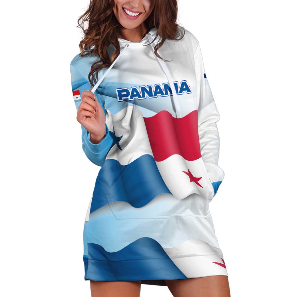 Panama Waving Flag Design Hoodie Dress with Red Blue Stars and National Color Pattern - Wonder Print Shop