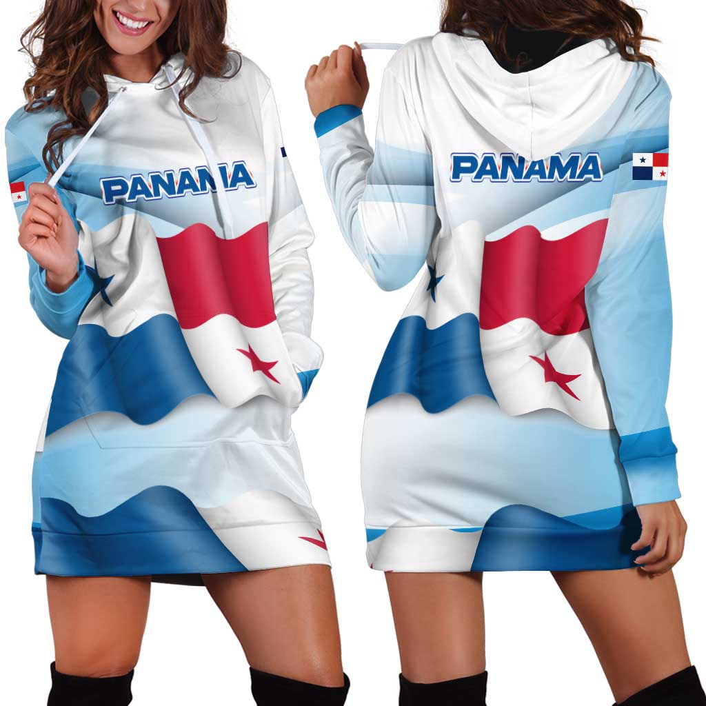 Panama Waving Flag Design Hoodie Dress with Red Blue Stars and National Color Pattern - Wonder Print Shop