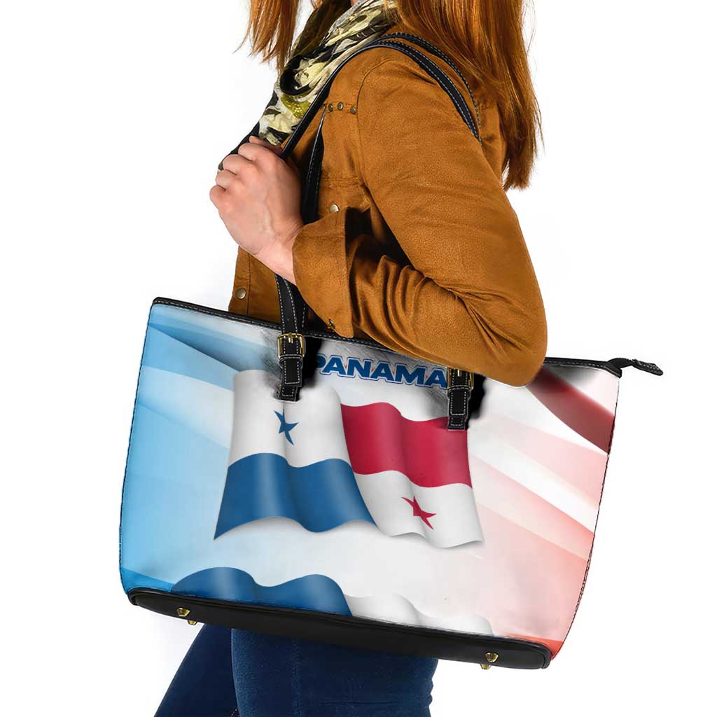 Panama Waving Flag Design Leather Tote Bag with Red Blue Stars and National Color Pattern - Wonder Print Shop