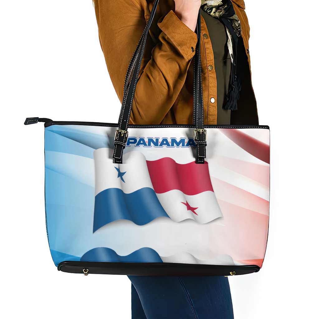 Panama Waving Flag Design Leather Tote Bag with Red Blue Stars and National Color Pattern - Wonder Print Shop