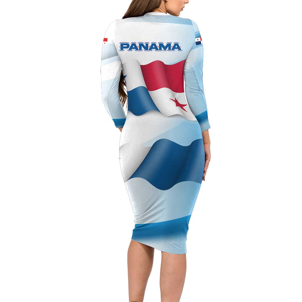 Panama Waving Flag Design Long Sleeve Bodycon Dress with Red Blue Stars and National Color Pattern - Wonder Print Shop