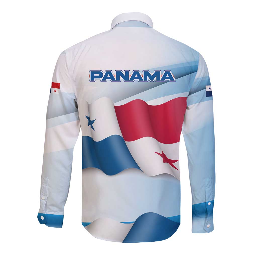 Panama Waving Flag Design Long Sleeve Button Shirt with Red Blue Stars and National Color Pattern - Wonder Print Shop