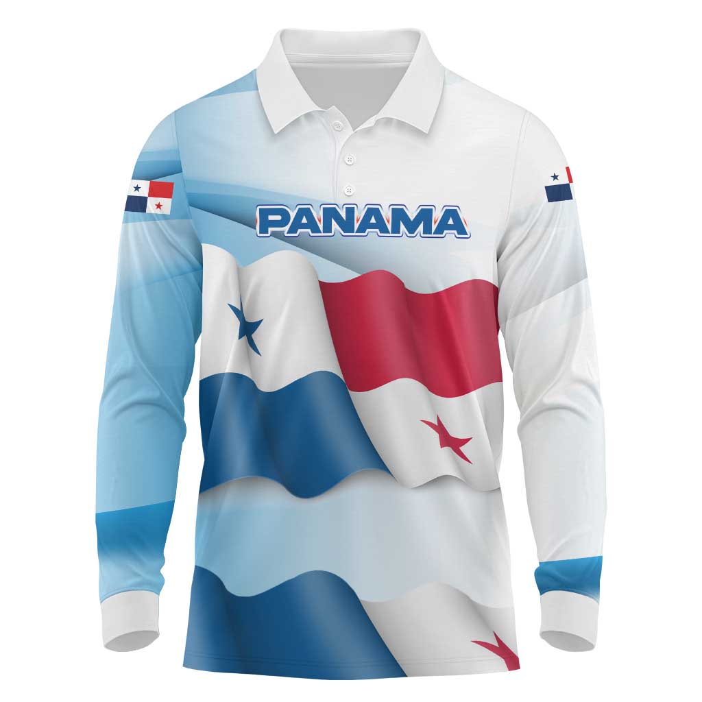 Panama Waving Flag Design Long Sleeve Polo Shirt with Red Blue Stars and National Color Pattern - Wonder Print Shop