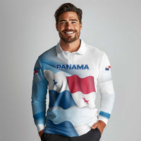 Panama Waving Flag Design Long Sleeve Polo Shirt with Red Blue Stars and National Color Pattern - Wonder Print Shop