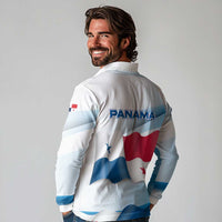 Panama Waving Flag Design Long Sleeve Polo Shirt with Red Blue Stars and National Color Pattern - Wonder Print Shop