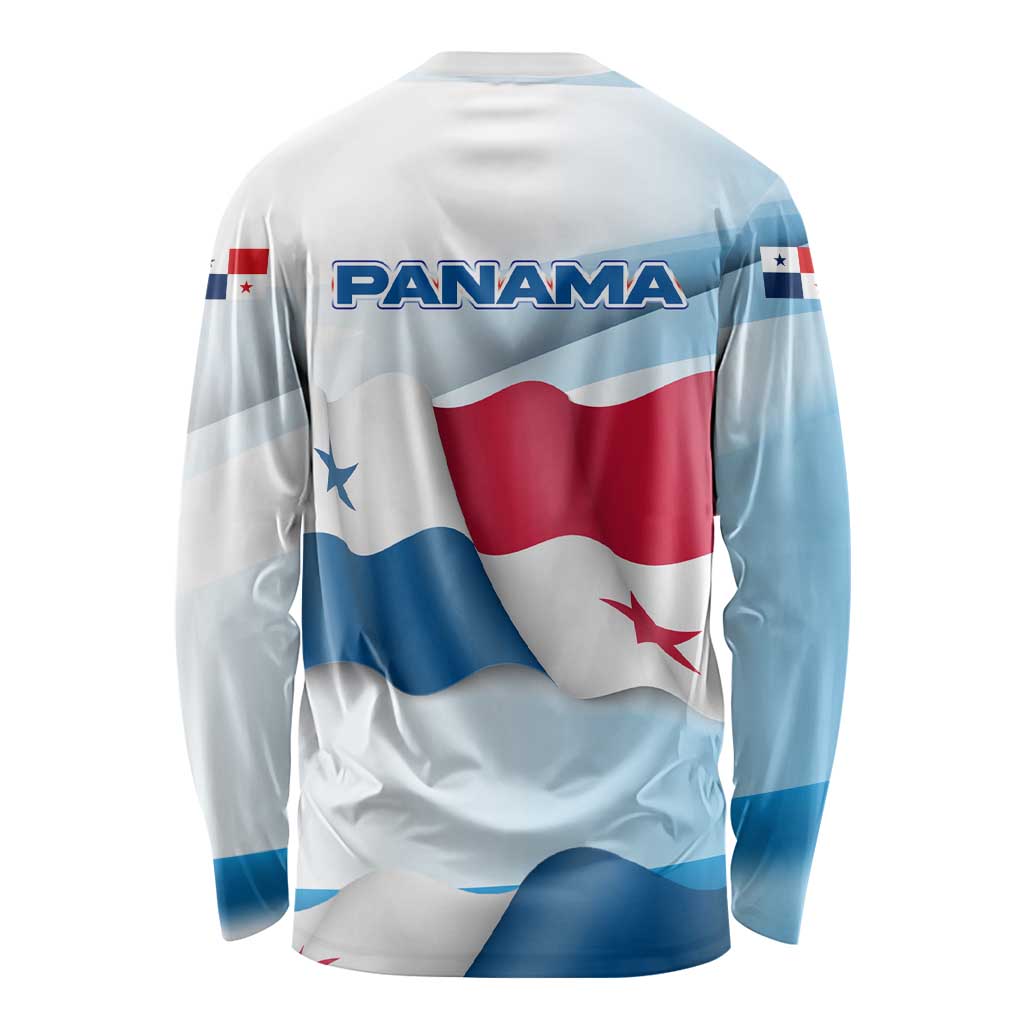 Panama Waving Flag Design Long Sleeve Shirt with Red Blue Stars and National Color Pattern - Wonder Print Shop