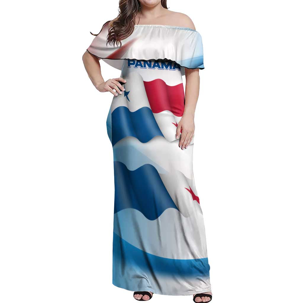 Panama Waving Flag Design Off Shoulder Maxi Dress with Red Blue Stars and National Color Pattern - Wonder Print Shop