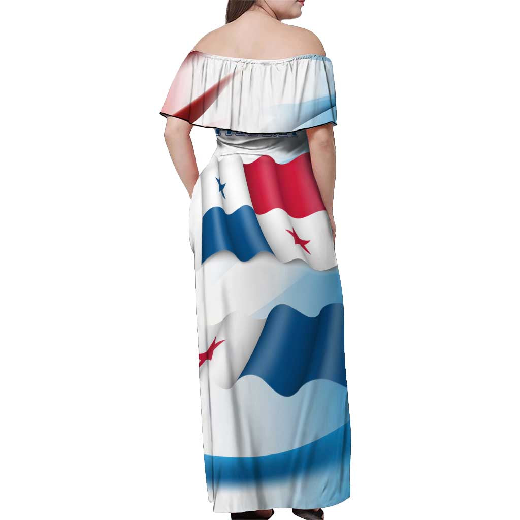 Panama Waving Flag Design Off Shoulder Maxi Dress with Red Blue Stars and National Color Pattern - Wonder Print Shop