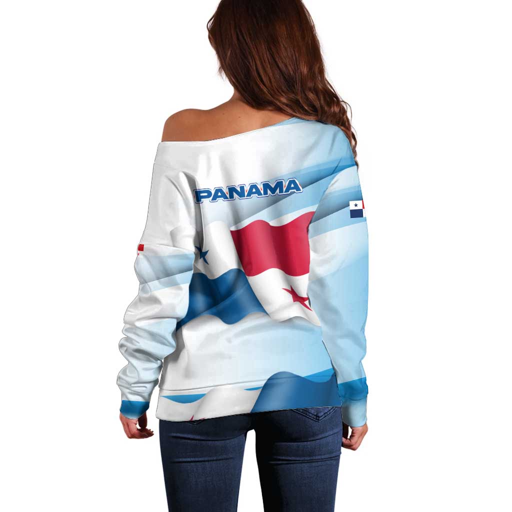 Panama Waving Flag Design Off Shoulder Sweater with Red Blue Stars and National Color Pattern - Wonder Print Shop