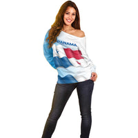 Panama Waving Flag Design Off Shoulder Sweater with Red Blue Stars and National Color Pattern - Wonder Print Shop
