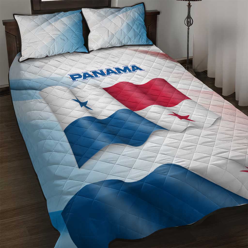 Panama Waving Flag Design Quilt Bed Set with Red Blue Stars and National Color Pattern - Wonder Print Shop