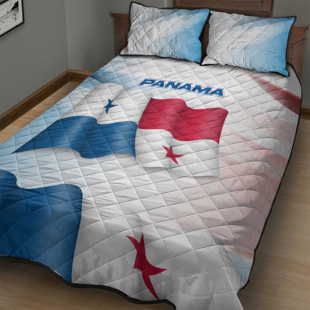 Panama Waving Flag Design Quilt Bed Set with Red Blue Stars and National Color Pattern - Wonder Print Shop