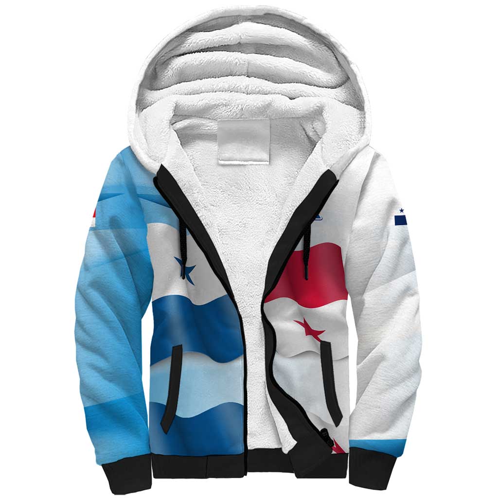Panama Waving Flag Design Sherpa Hoodie with Red Blue Stars and National Color Pattern - Wonder Print Shop