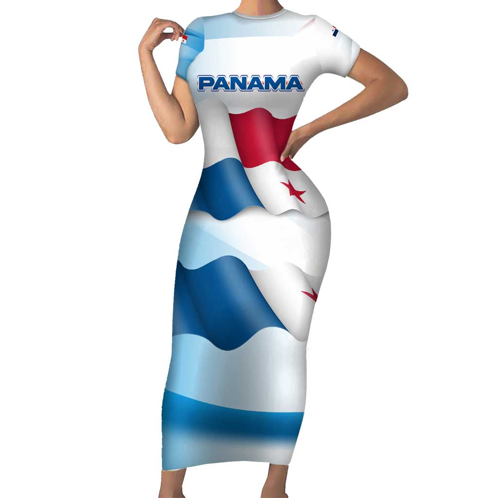 Panama Waving Flag Design Short Sleeve Bodycon Dress with Red Blue Stars and National Color Pattern - Wonder Print Shop