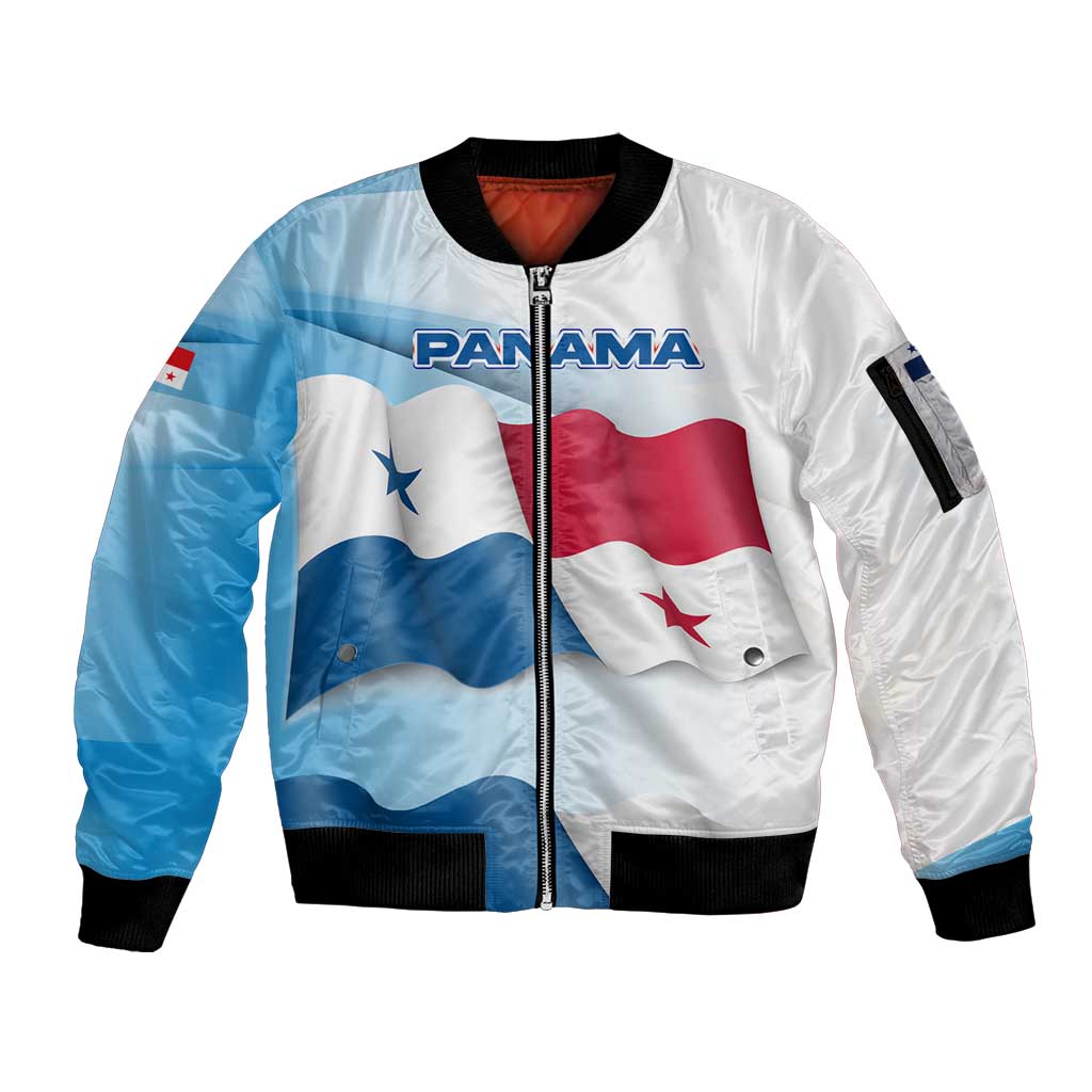 Panama Waving Flag Design Sleeve Zip Bomber Jacket with Red Blue Stars and National Color Pattern - Wonder Print Shop
