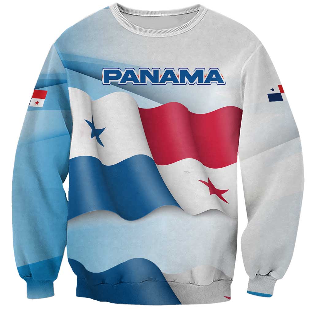 Panama Waving Flag Design Sweatshirt with Red Blue Stars and National Color Pattern - Wonder Print Shop
