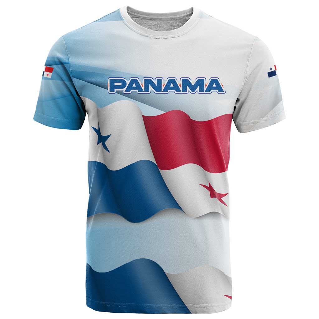 Panama Waving Flag Design T Shirt with Red Blue Stars and National Color Pattern - Wonder Print Shop