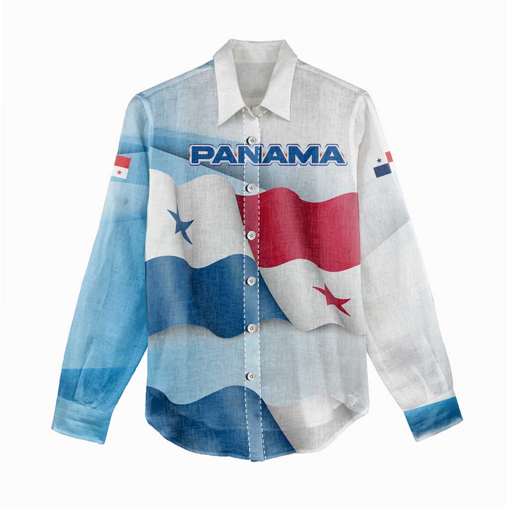 Panama Waving Flag Design Women Casual Shirt with Red Blue Stars and National Color Pattern - Wonder Print Shop