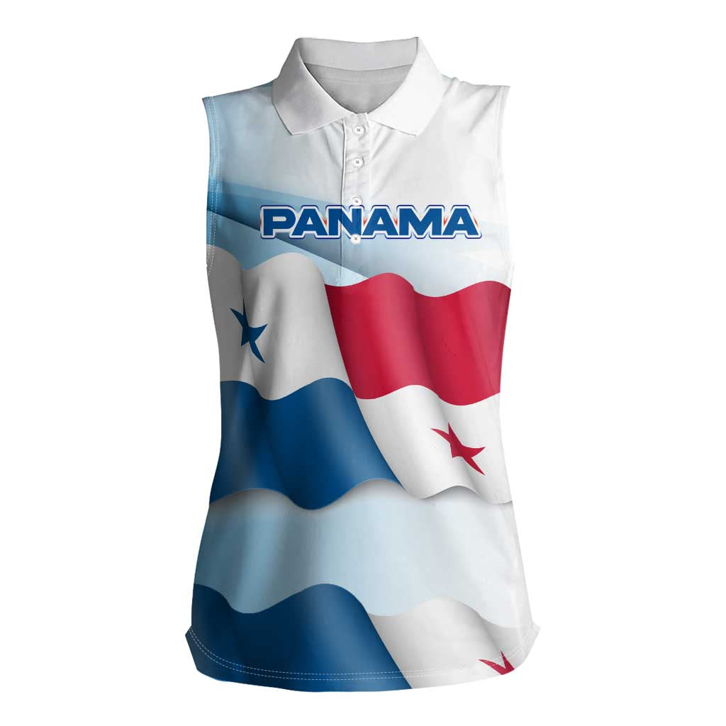 Panama Waving Flag Design Women Sleeveless Polo Shirt with Red Blue Stars and National Color Pattern - Wonder Print Shop