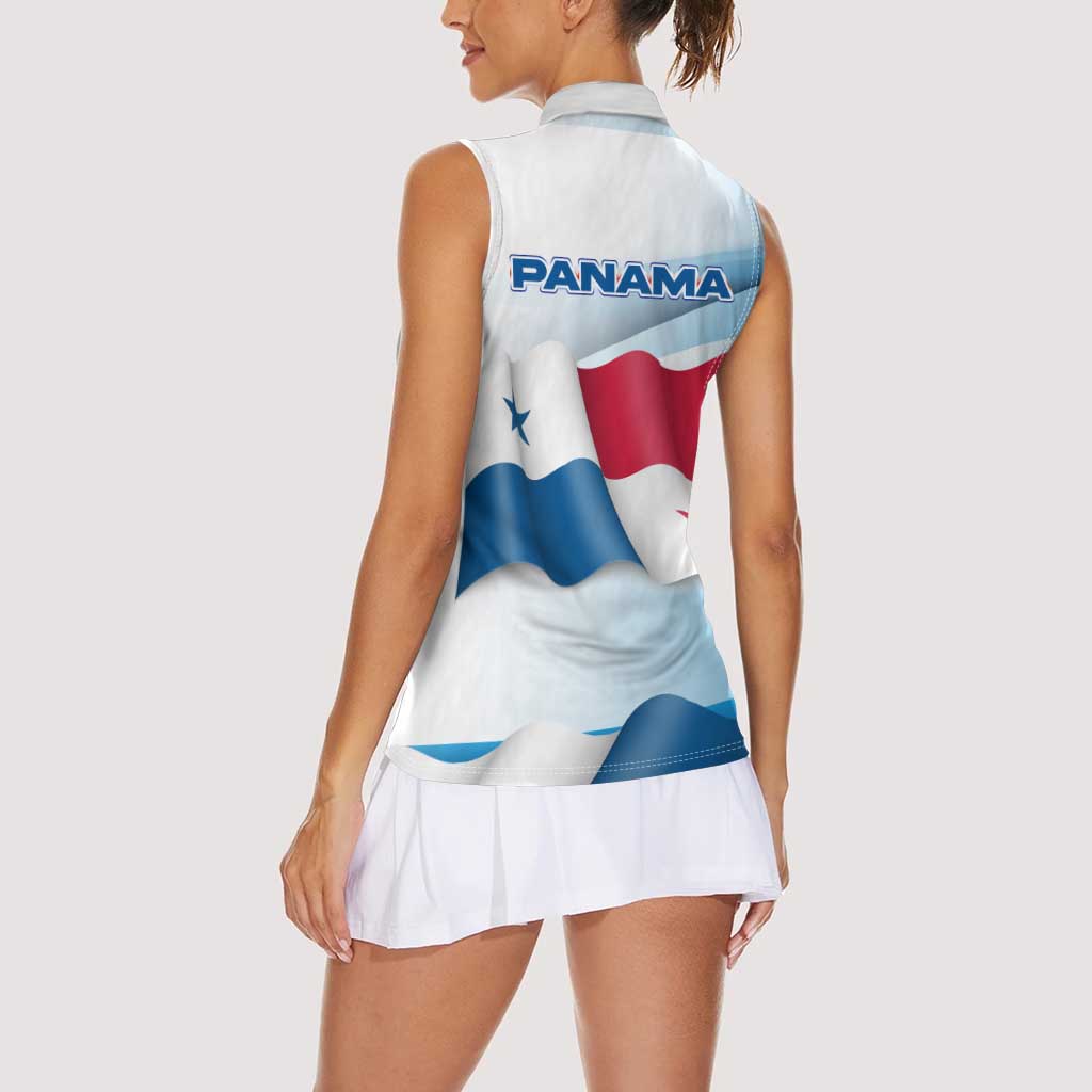 Panama Waving Flag Design Women Sleeveless Polo Shirt with Red Blue Stars and National Color Pattern - Wonder Print Shop