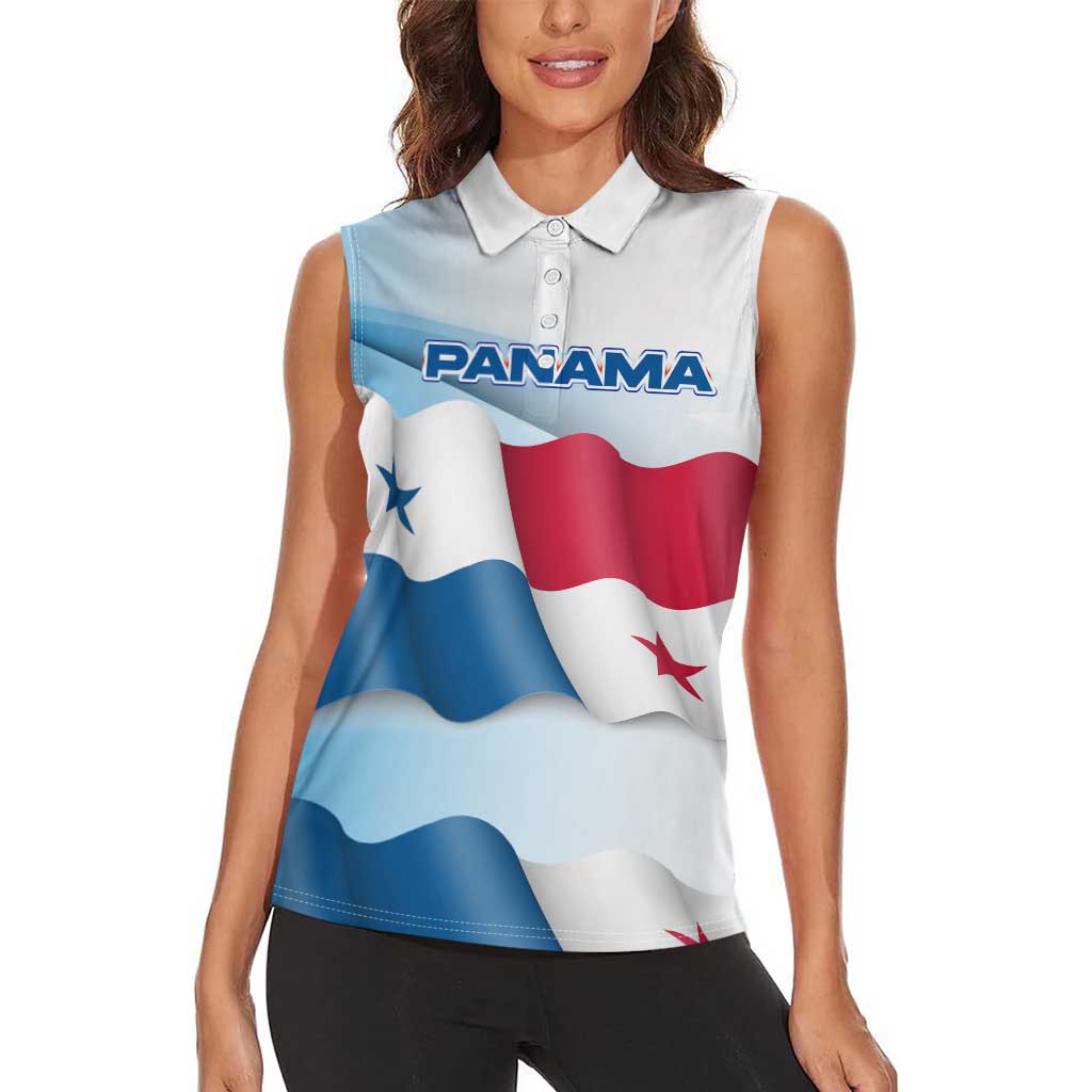 Panama Waving Flag Design Women Sleeveless Polo Shirt with Red Blue Stars and National Color Pattern - Wonder Print Shop