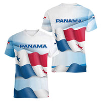 Panama Waving Flag Design Women V-Neck T-Shirt with Red Blue Stars and National Color Pattern - Wonder Print Shop