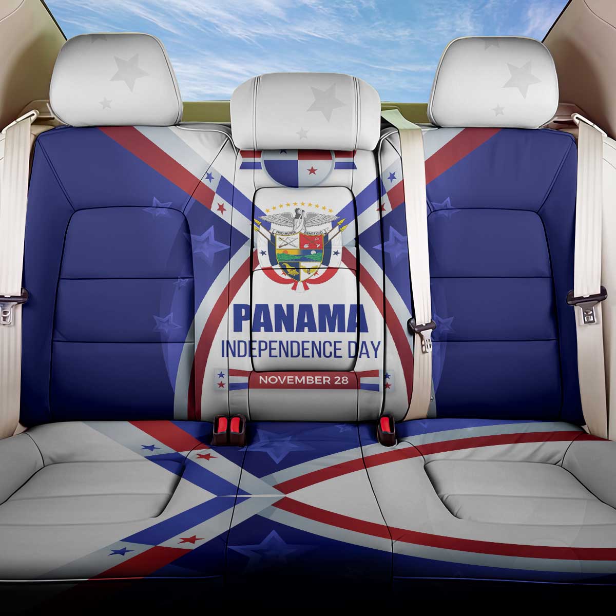 Panama Independence Day Back Car Seat Cover with National Coat of Arms and Red Blue Star Design - Wonder Print Shop