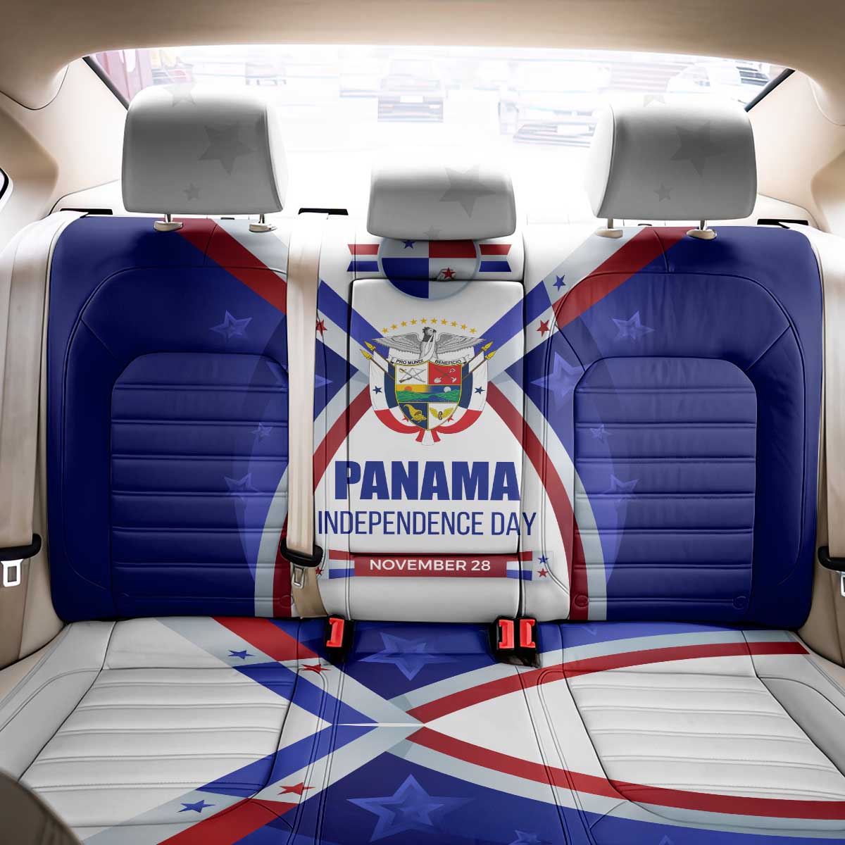 Panama Independence Day Back Car Seat Cover with National Coat of Arms and Red Blue Star Design - Wonder Print Shop
