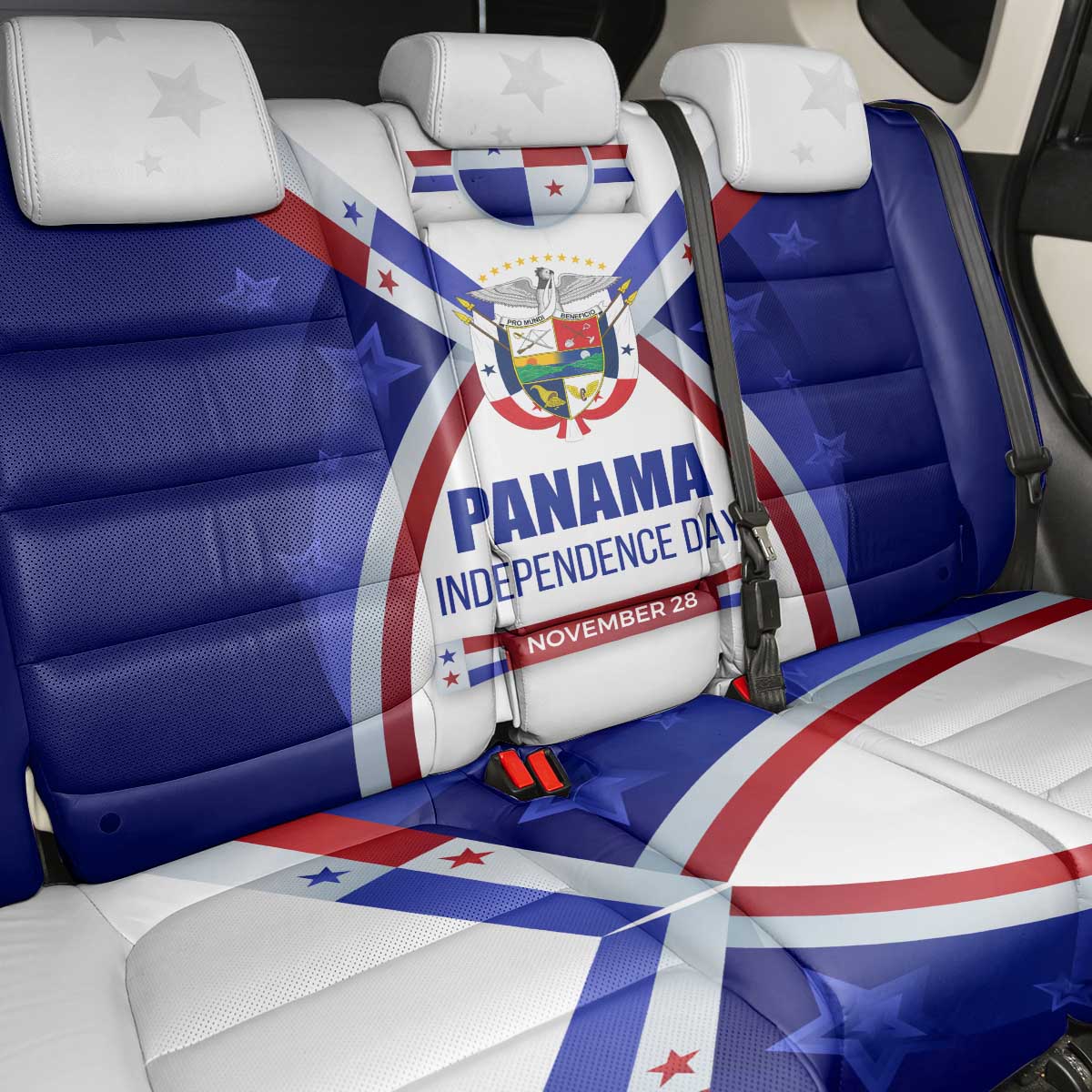 Panama Independence Day Back Car Seat Cover with National Coat of Arms and Red Blue Star Design - Wonder Print Shop