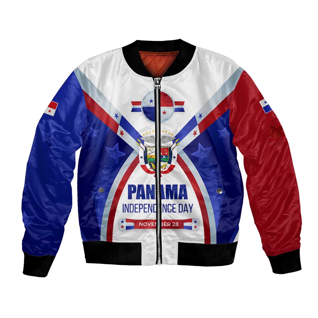 Panama Independence Day Bomber Jacket with National Coat of Arms and Red Blue Star Design - Wonder Print Shop