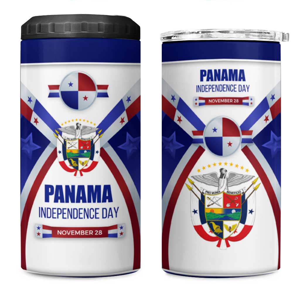 Panama Independence Day 4 in 1 Can Cooler Tumbler with National Coat of Arms and Red Blue Star Design - Wonder Print Shop