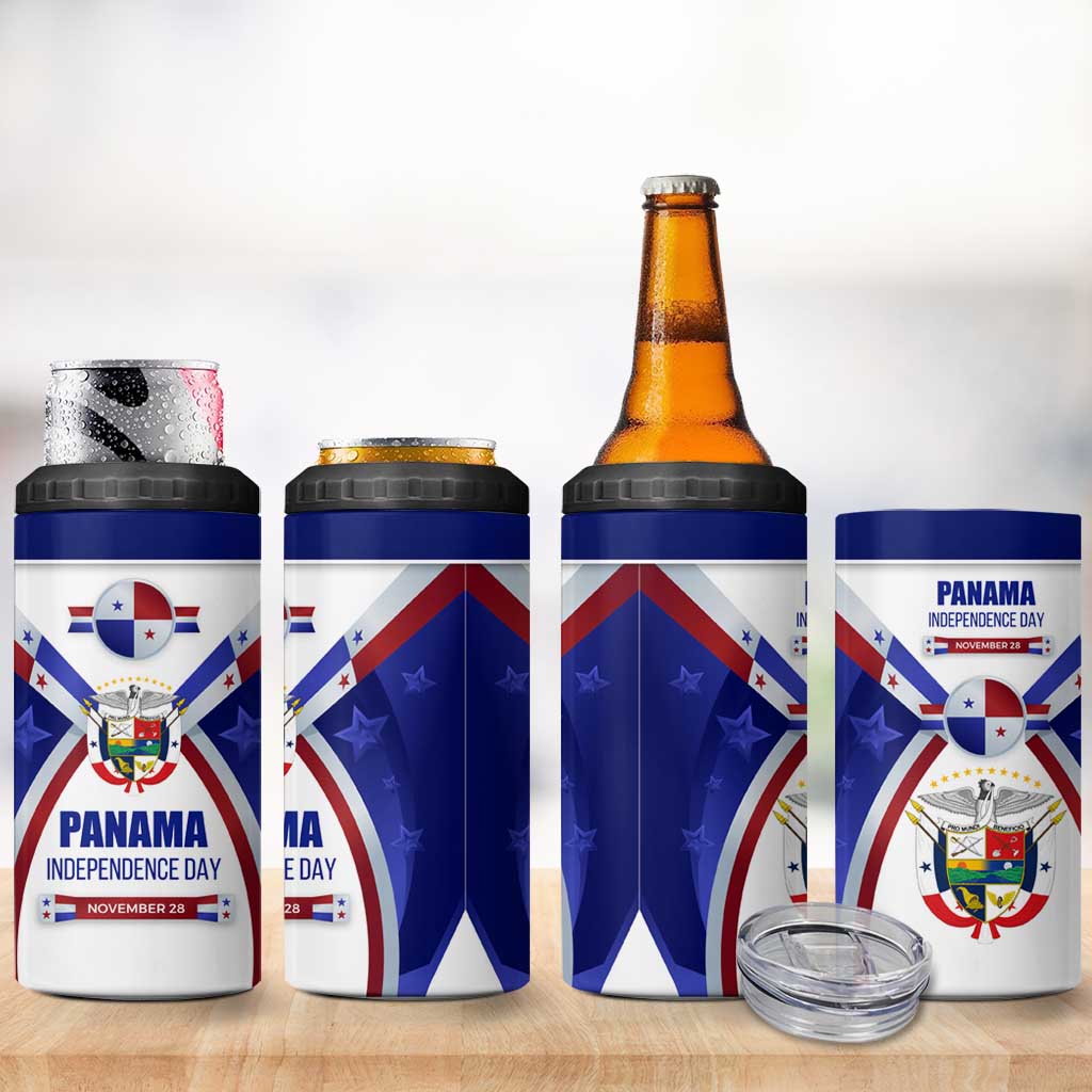 Panama Independence Day 4 in 1 Can Cooler Tumbler with National Coat of Arms and Red Blue Star Design - Wonder Print Shop