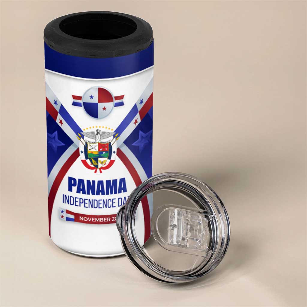 Panama Independence Day 4 in 1 Can Cooler Tumbler with National Coat of Arms and Red Blue Star Design - Wonder Print Shop