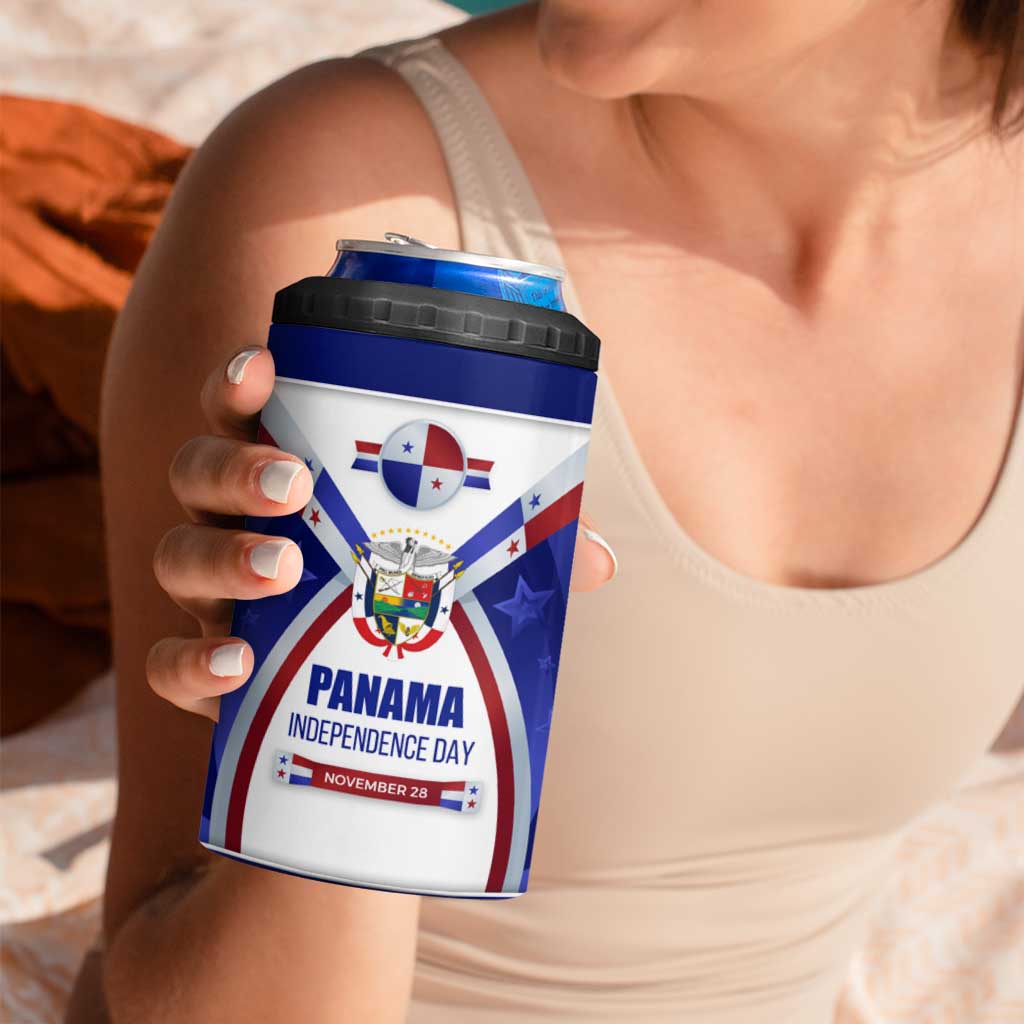 Panama Independence Day 4 in 1 Can Cooler Tumbler with National Coat of Arms and Red Blue Star Design - Wonder Print Shop
