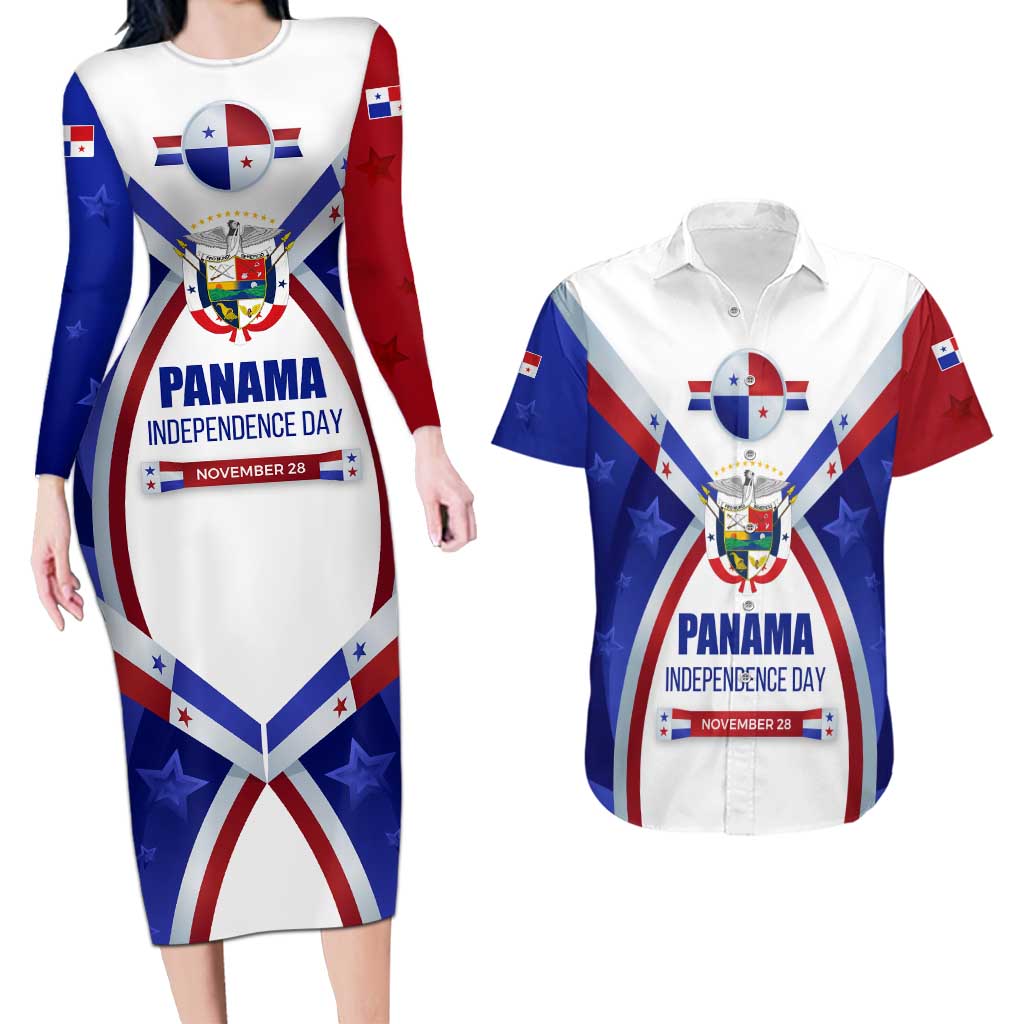 Panama Independence Day Couples Matching Long Sleeve Bodycon Dress and Hawaiian Shirt with National Coat of Arms and Red Blue Star Design - Wonder Print Shop