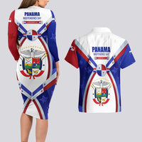 Panama Independence Day Couples Matching Long Sleeve Bodycon Dress and Hawaiian Shirt with National Coat of Arms and Red Blue Star Design - Wonder Print Shop