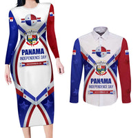 Panama Independence Day Couples Matching Long Sleeve Bodycon Dress and Long Sleeve Button Shirt with National Coat of Arms and Red Blue Star Design - Wonder Print Shop
