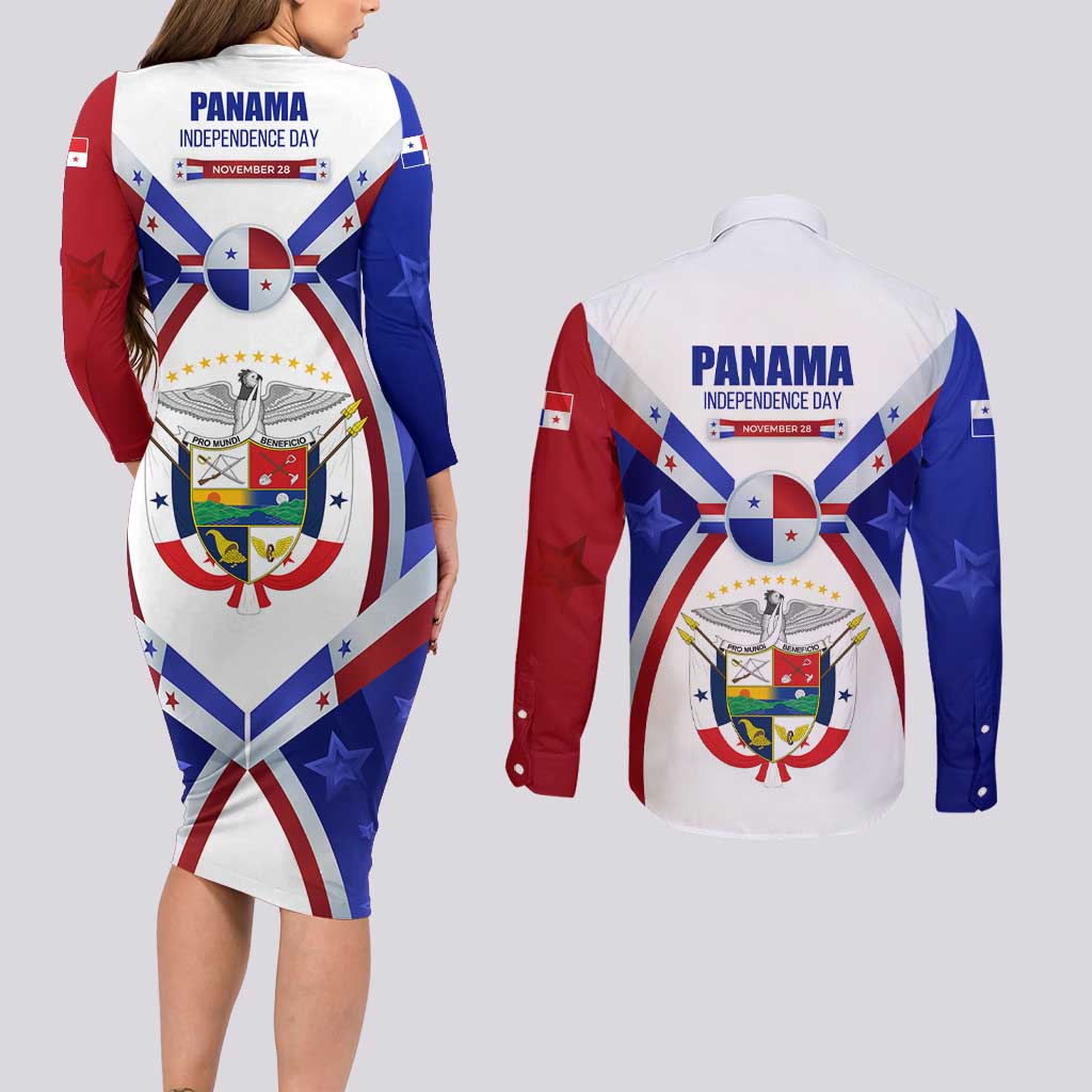 Panama Independence Day Couples Matching Long Sleeve Bodycon Dress and Long Sleeve Button Shirt with National Coat of Arms and Red Blue Star Design - Wonder Print Shop