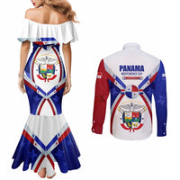 Panama Independence Day Couples Matching Mermaid Dress and Long Sleeve Button Shirt with National Coat of Arms and Red Blue Star Design - Wonder Print Shop