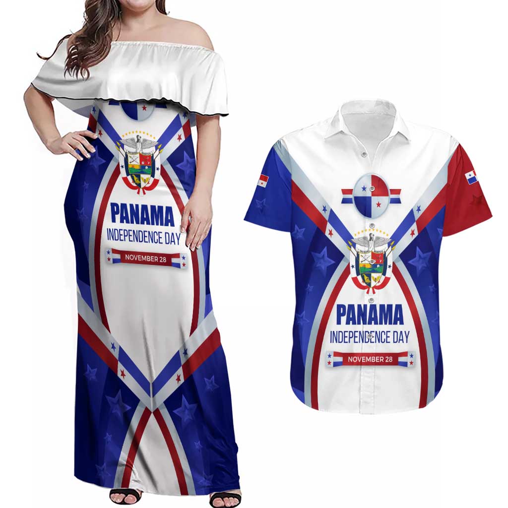 Panama Independence Day Couples Matching Off Shoulder Maxi Dress and Hawaiian Shirt with National Coat of Arms and Red Blue Star Design - Wonder Print Shop
