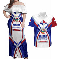 Panama Independence Day Couples Matching Off Shoulder Maxi Dress and Hawaiian Shirt with National Coat of Arms and Red Blue Star Design - Wonder Print Shop