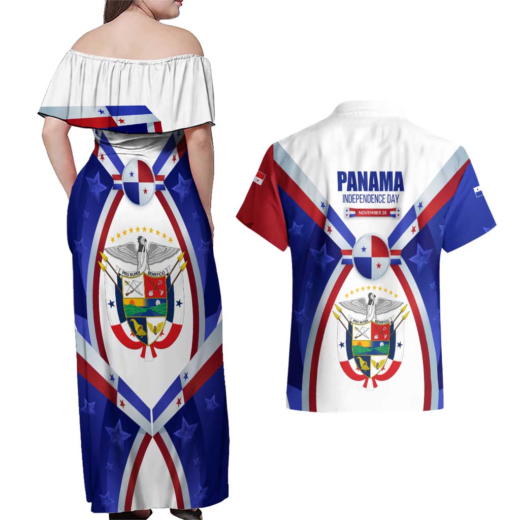 Panama Independence Day Couples Matching Off Shoulder Maxi Dress and Hawaiian Shirt with National Coat of Arms and Red Blue Star Design - Wonder Print Shop