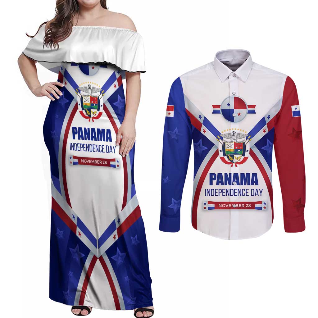 Panama Independence Day Couples Matching Off Shoulder Maxi Dress and Long Sleeve Button Shirt with National Coat of Arms and Red Blue Star Design - Wonder Print Shop