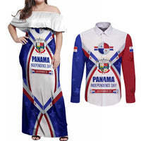 Panama Independence Day Couples Matching Off Shoulder Maxi Dress and Long Sleeve Button Shirt with National Coat of Arms and Red Blue Star Design - Wonder Print Shop