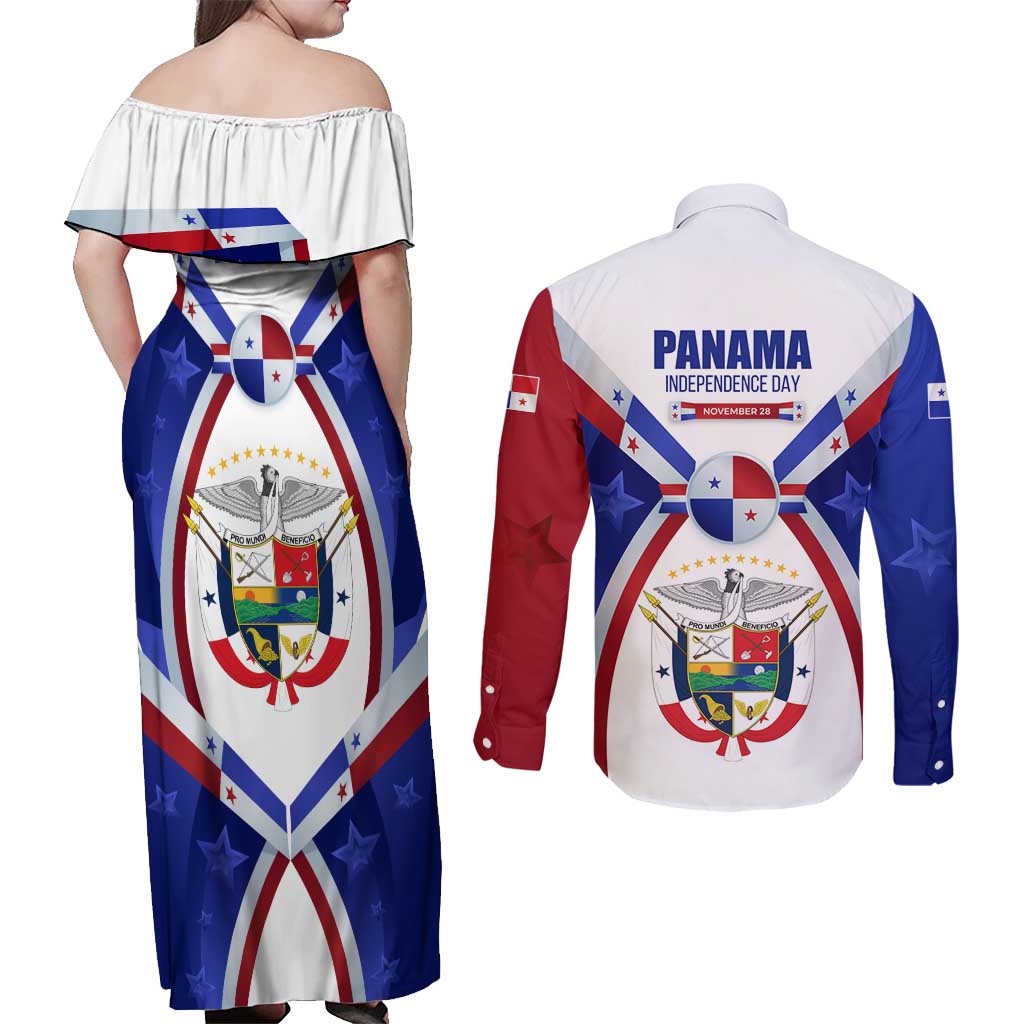 Panama Independence Day Couples Matching Off Shoulder Maxi Dress and Long Sleeve Button Shirt with National Coat of Arms and Red Blue Star Design - Wonder Print Shop