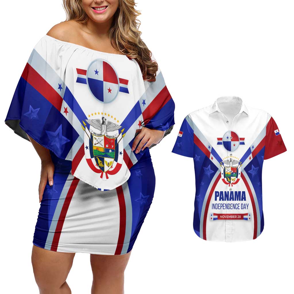 Panama Independence Day Couples Matching Off Shoulder Short Dress and Hawaiian Shirt with National Coat of Arms and Red Blue Star Design - Wonder Print Shop
