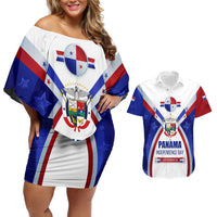 Panama Independence Day Couples Matching Off Shoulder Short Dress and Hawaiian Shirt with National Coat of Arms and Red Blue Star Design - Wonder Print Shop