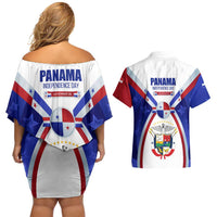 Panama Independence Day Couples Matching Off Shoulder Short Dress and Hawaiian Shirt with National Coat of Arms and Red Blue Star Design - Wonder Print Shop